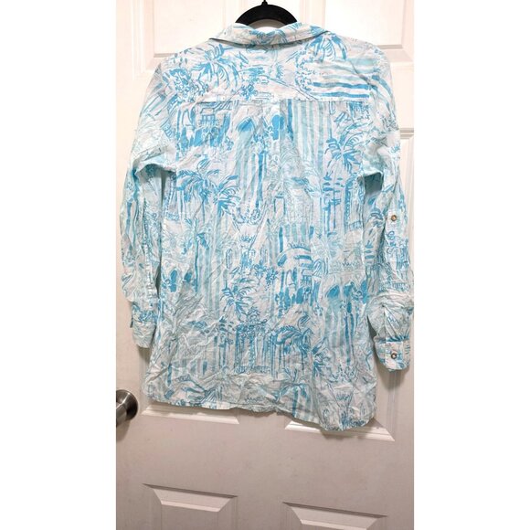 Lilly Pulitzer Blue & White Button-Down Tunic Tropical Print Roll-Up Sleeves Siz - Picture 3 of 8